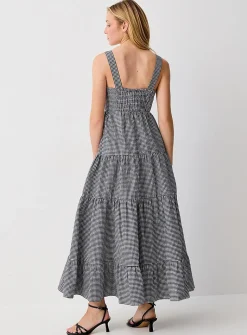 Embroidered seahorses maxi tiered seersucker dress