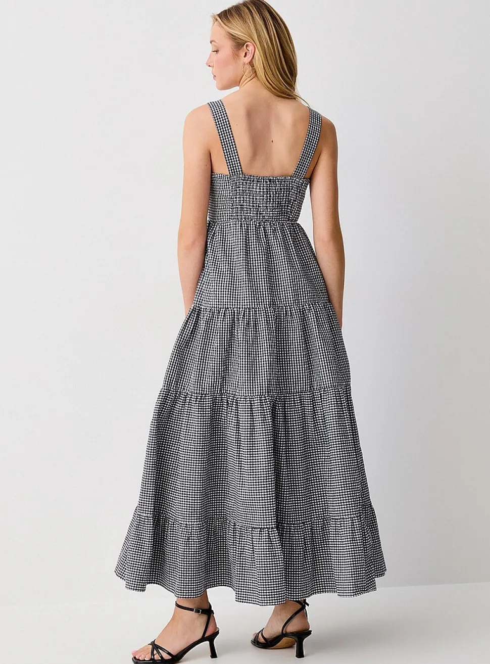 Embroidered seahorses maxi tiered seersucker dress