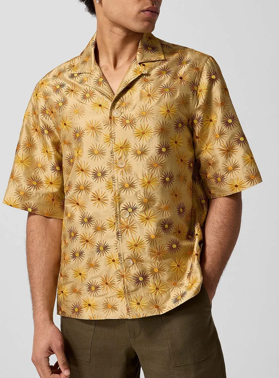 Embroidered suns pure silk cabana shirt