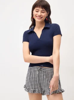 Fine ribbing Johnny collar T-shirt