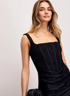 Flocked flowers bustier draped minidress