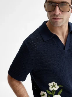 Floral embroidery Johnny collar polo