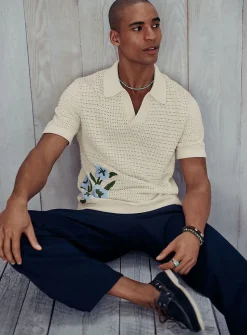 Floral embroidery Johnny collar polo