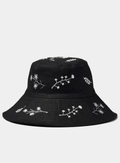 Floral embroidery pure linen bucket hat