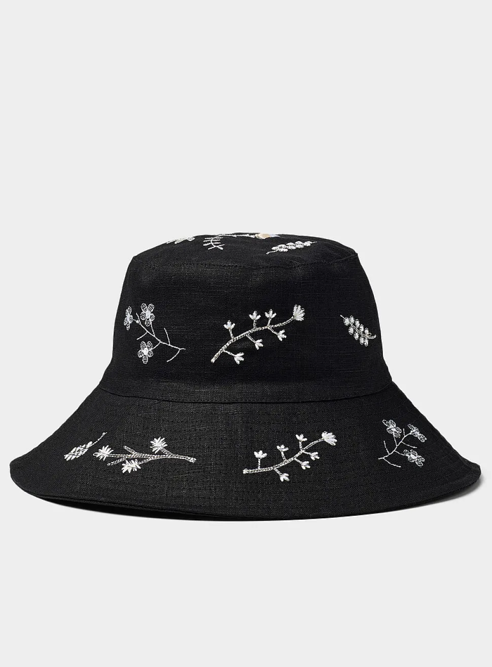 Floral embroidery pure linen bucket hat