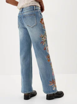 Floral embroidery straight-leg jean