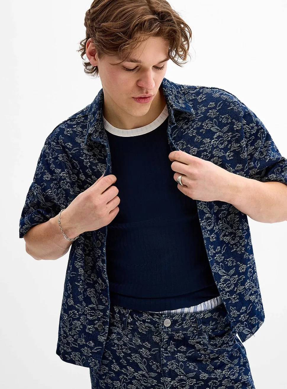 Floral jacquard denim shirt