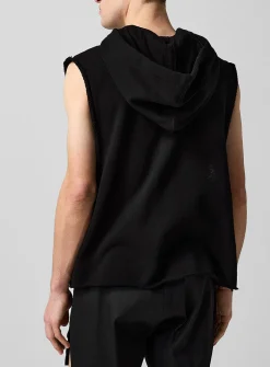 Frayed sleeveless hooded sweatshirt