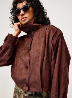 Funnel neck faux-suede jacket