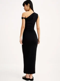 Golden bow side-ruched maxi dress