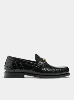 Golden buckle faux croc-skin leather loafers