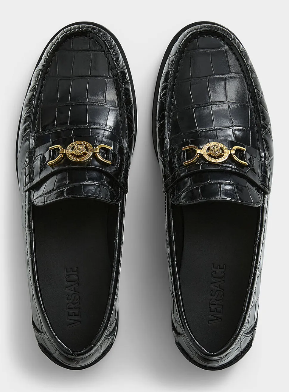Golden buckle faux croc-skin leather loafers