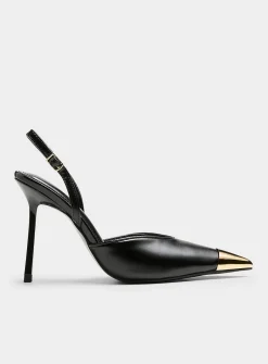 Gold pointed-toe slingback pumps