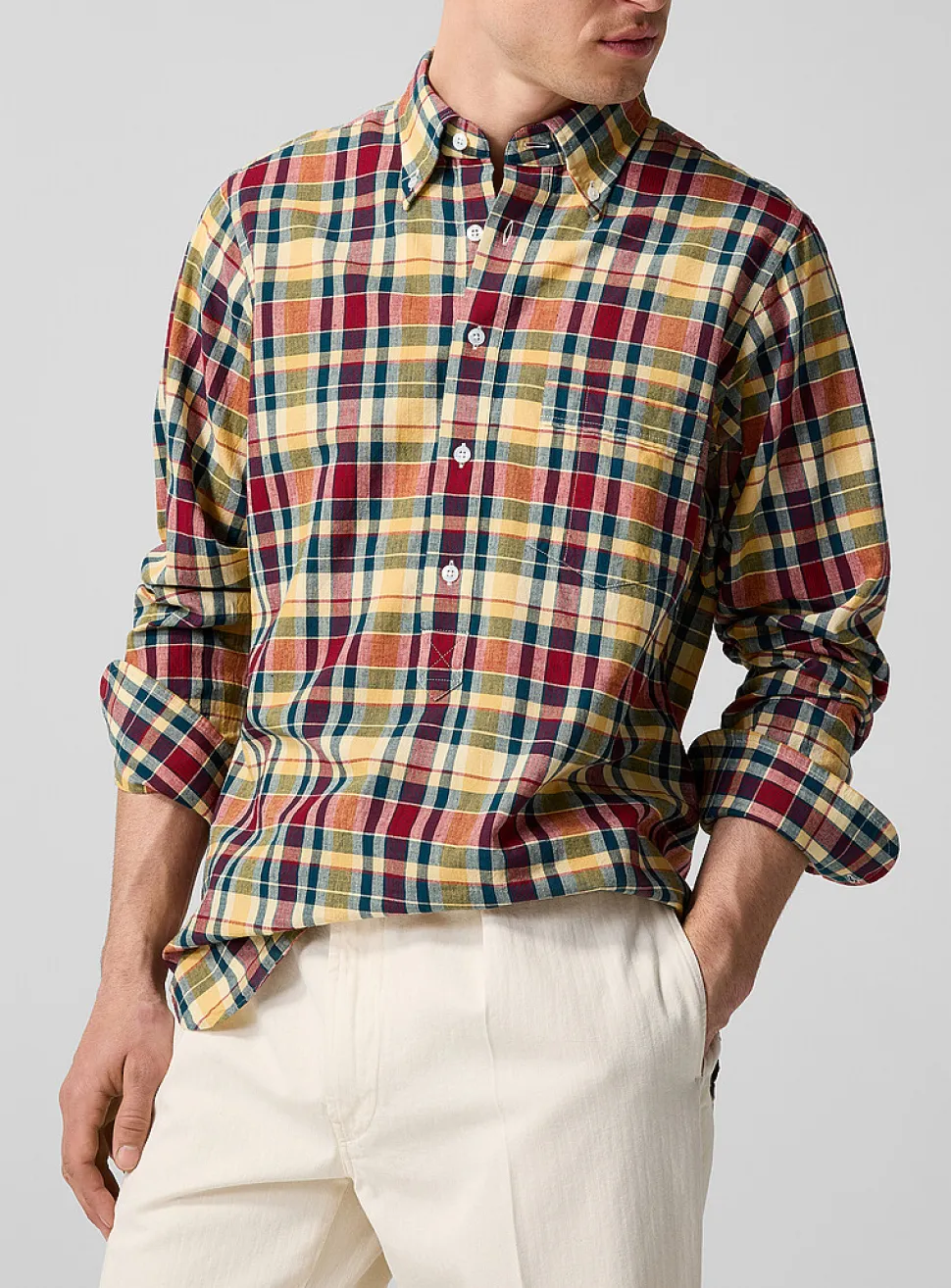 Half-length buttoning checkered madras shirt
