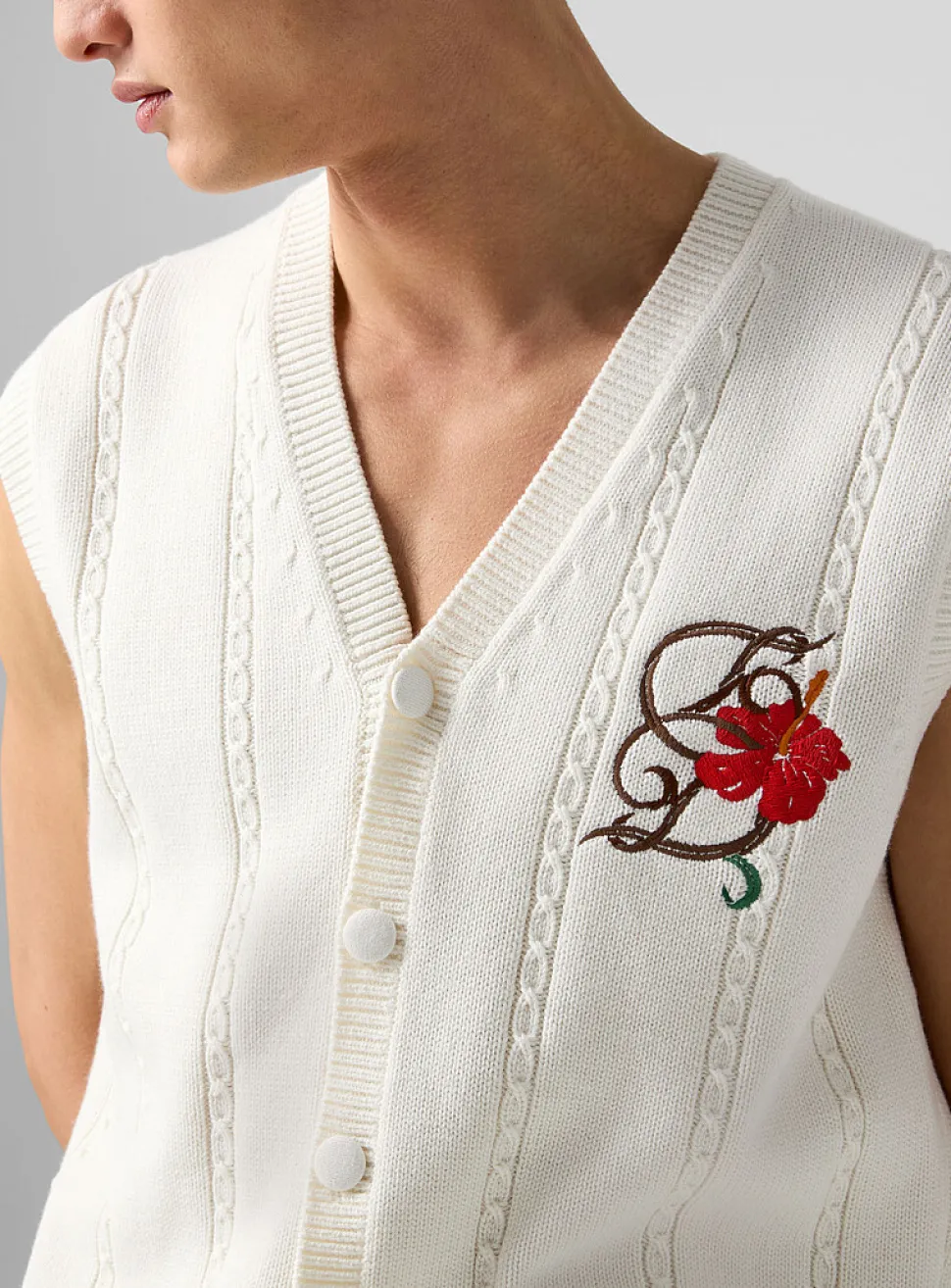 Havana cable-knit embroidered sweater vest