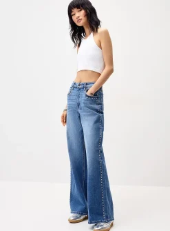 High-rise wide-leg studded jean