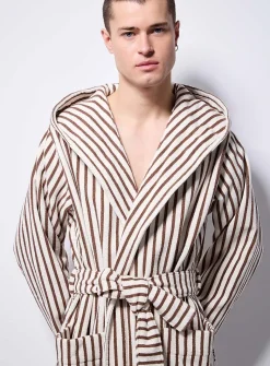 Hooded striped terry bathrobe