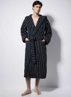 Hooded striped terry bathrobe