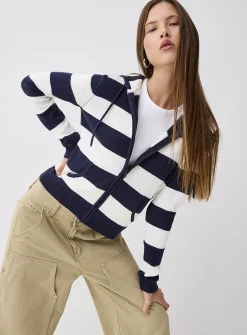Hooded striped zip-up cardigan