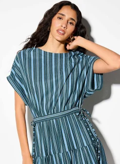 Irregular stripes tie-up waist piqué minidress