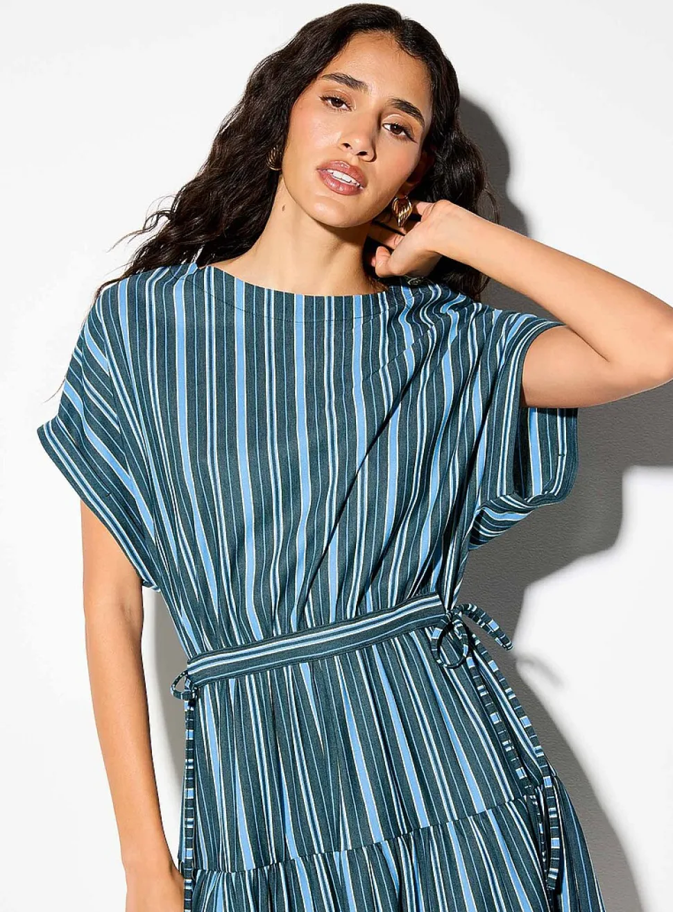 Irregular stripes tie-up waist piqué minidress
