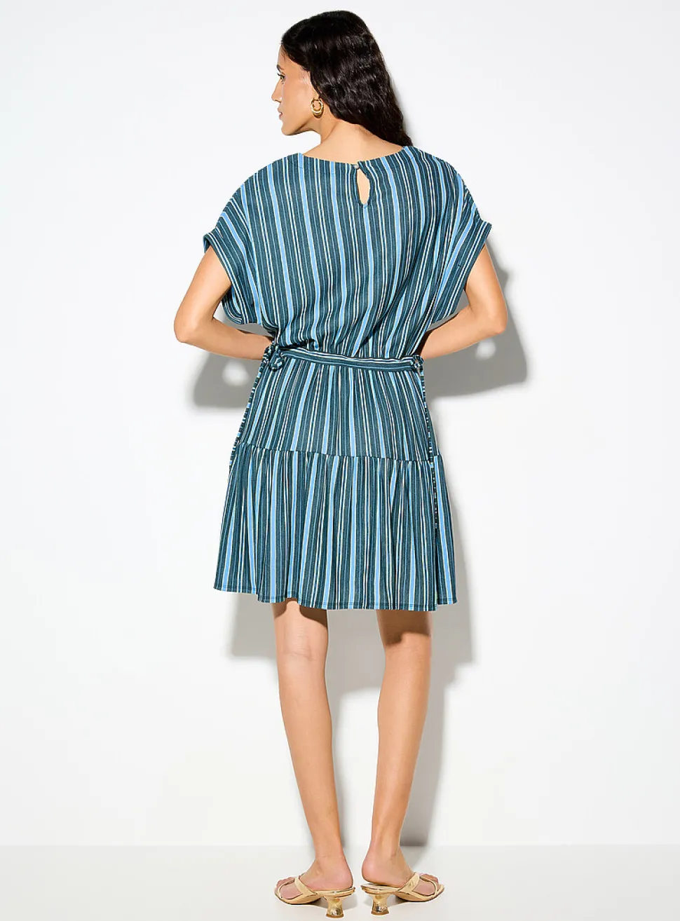 Irregular stripes tie-up waist piqué minidress
