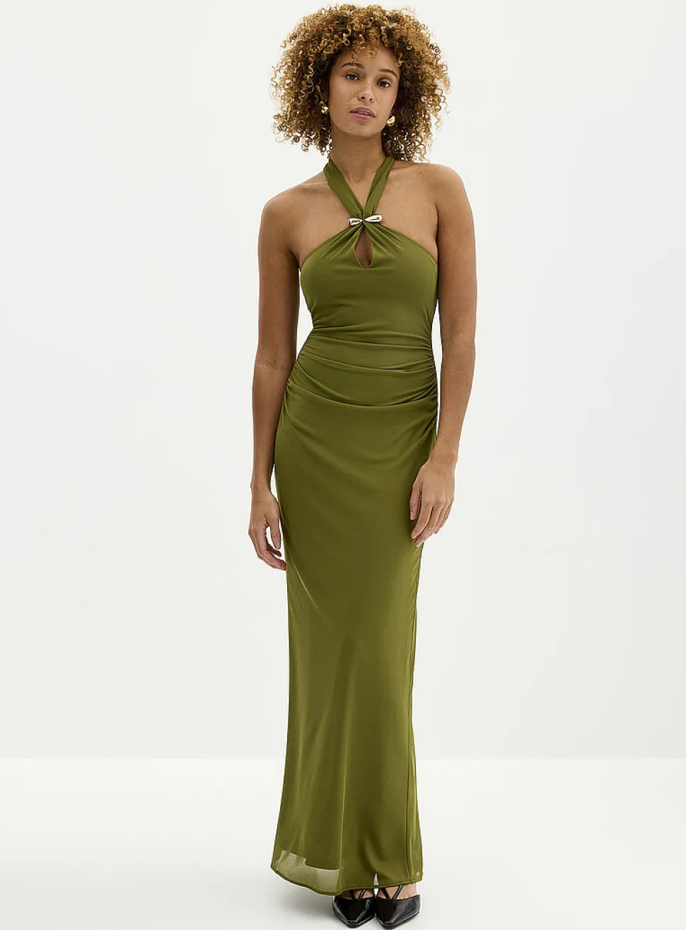 Jayni golden pin long halter dress