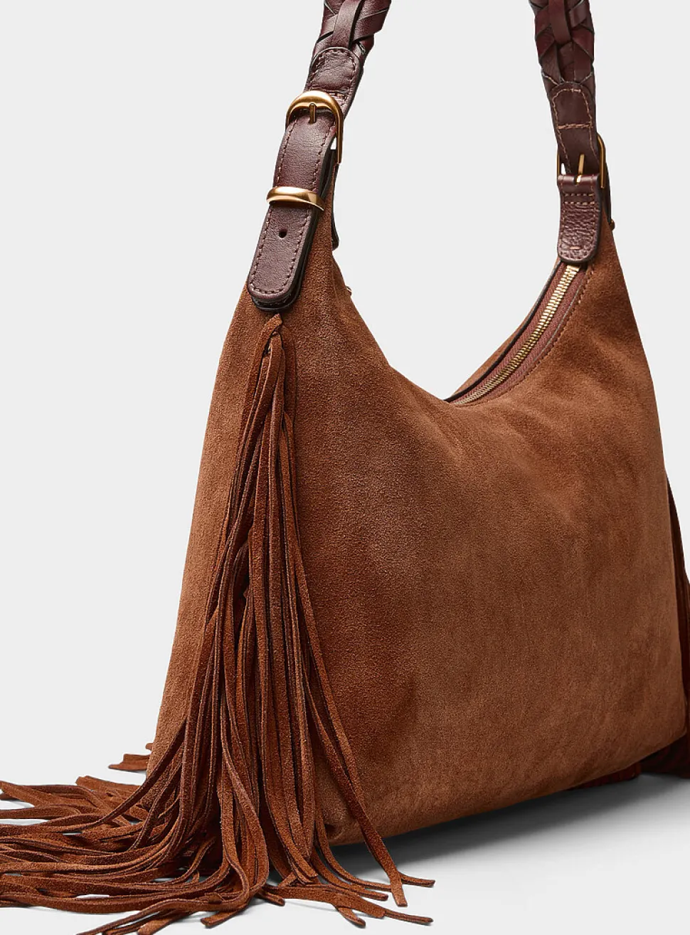 Jess cognac fringed suede shoulder bag