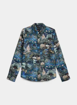Jewel-button printed fluid blouse