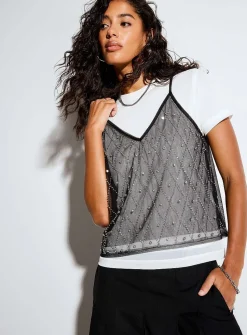 Jewelled diamond pattern V-neck cropped cami