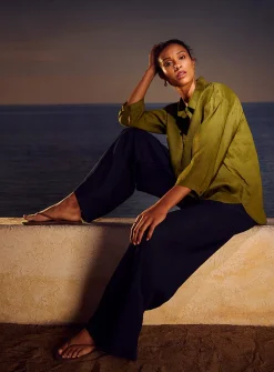 Johnny collar pure linen blouse