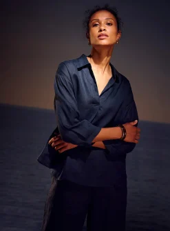 Johnny collar pure linen blouse