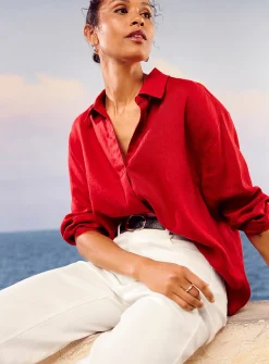 Johnny collar pure linen blouse