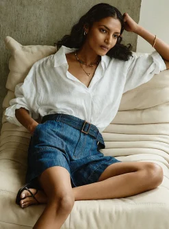 Johnny collar pure linen blouse