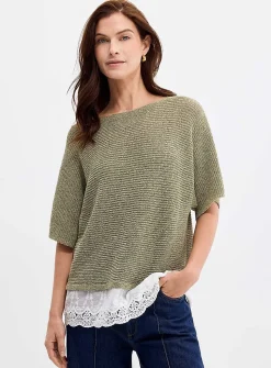 Lace insert boxy-fit bouclé-knit sweater