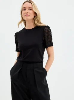 Lace puff-sleeve dual-material T-shirt