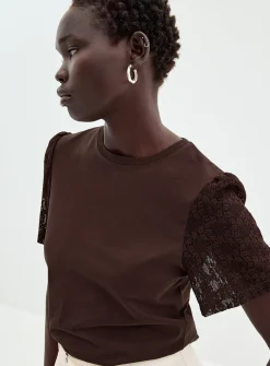 Lace puff-sleeve dual-material T-shirt