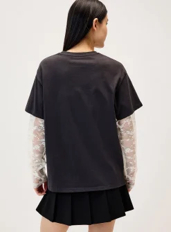 Lace-sleeve layered fooler T-shirt