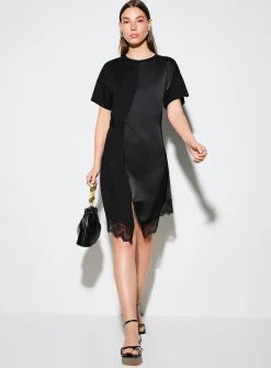 Lace trim dual-material draped T-shirt dress