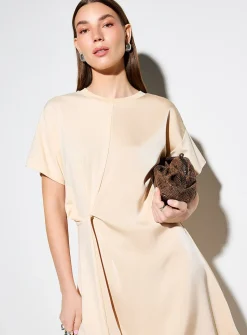 Lace trim dual-material draped T-shirt dress