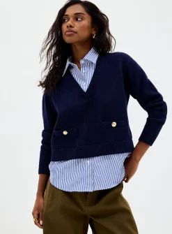 Layered effect striped poplin sweater