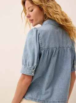 Lightweight denim puff-sleeve boxy-fit blouse
