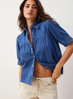 Lightweight denim puff-sleeve boxy-fit blouse