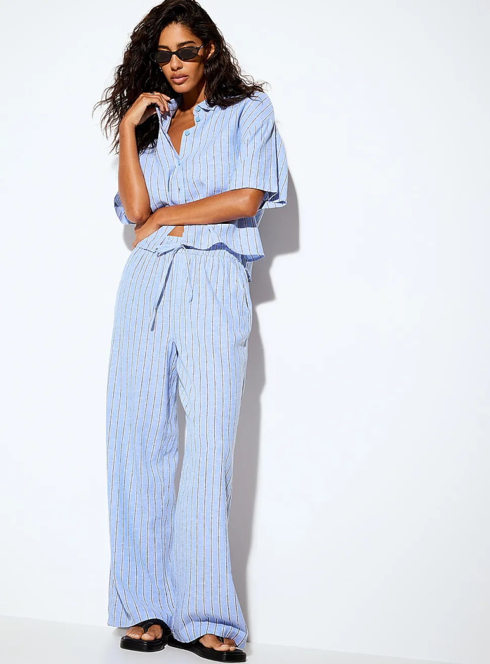 Linen blend elastic-waistband wide-leg pant