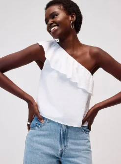 Linen-blend ruffled single-shoulder cami