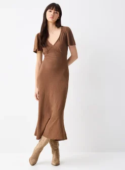 Linen-blend V-neck midi dress
