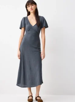 Linen-blend V-neck midi dress
