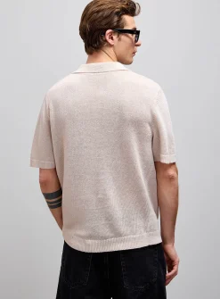 100% linen knit Johnny collar polo