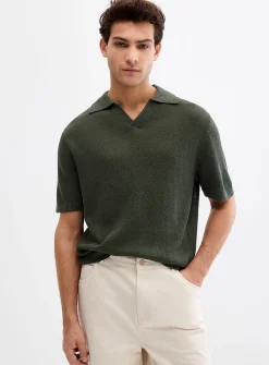 100% linen knit Johnny collar polo