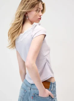 Loops and lace off-shoulder T-shirt